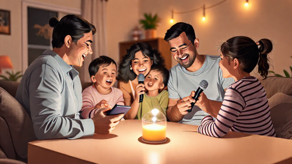 Família usando aplicativo de karaokê para diversão em casa