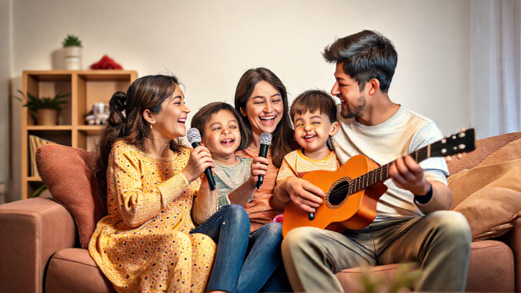 Família se divertindo em casa usando aplicativo de karaokê.