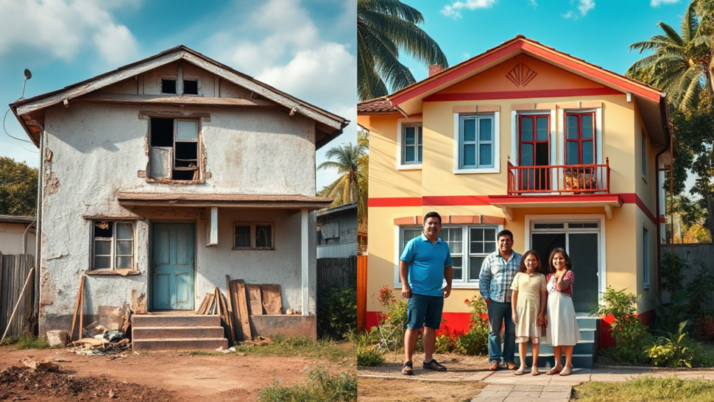 Imagem ilustrativa do Programa Lar Doce Lar, mostrando antes e depois de uma reforma em uma casa.