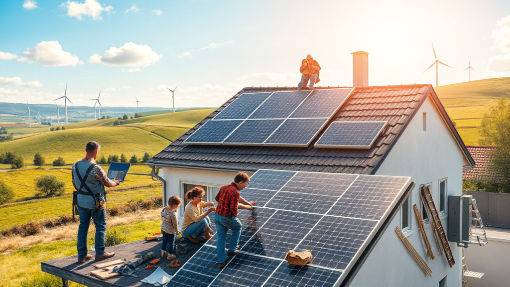 Imagem de um painel solar sendo instalado em uma casa.
