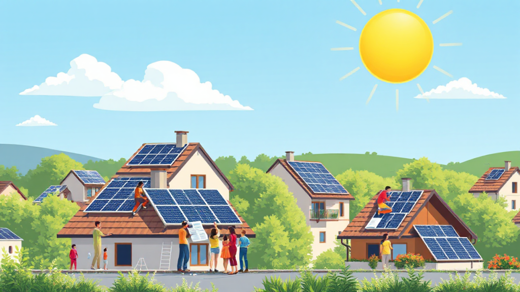 Imagem de instalação de placas solares em uma casa com suporte e informação sobre auxílio