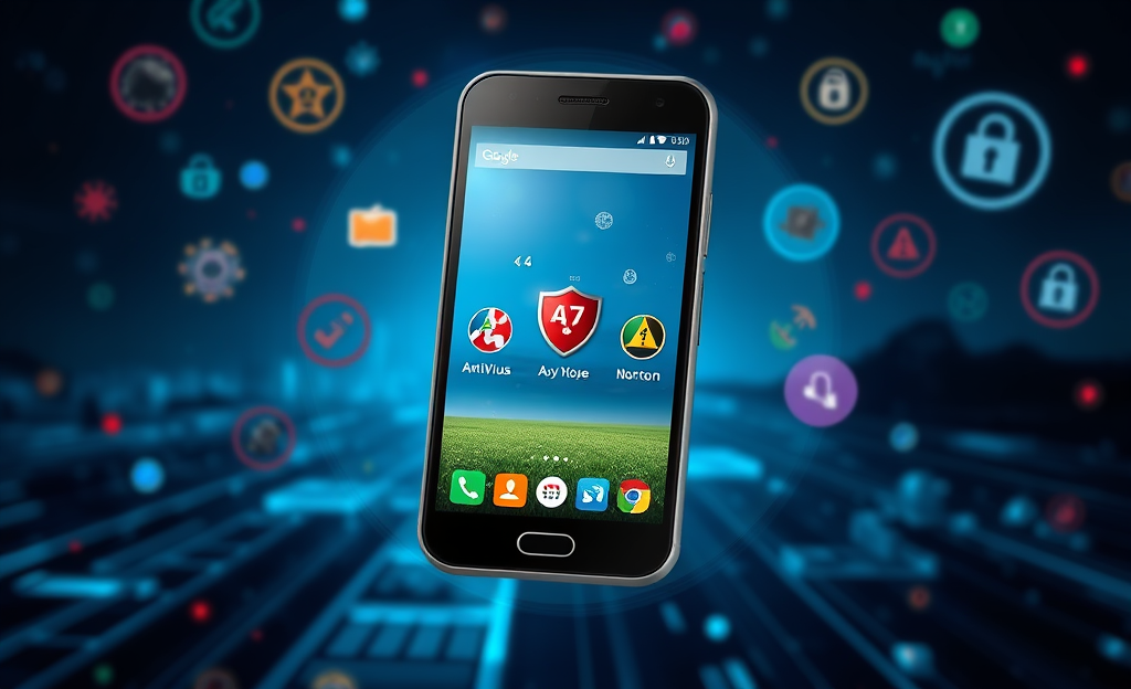 Imagem ilustrativa de um antivírus para celular mostrando proteção de dados e segurança digital.