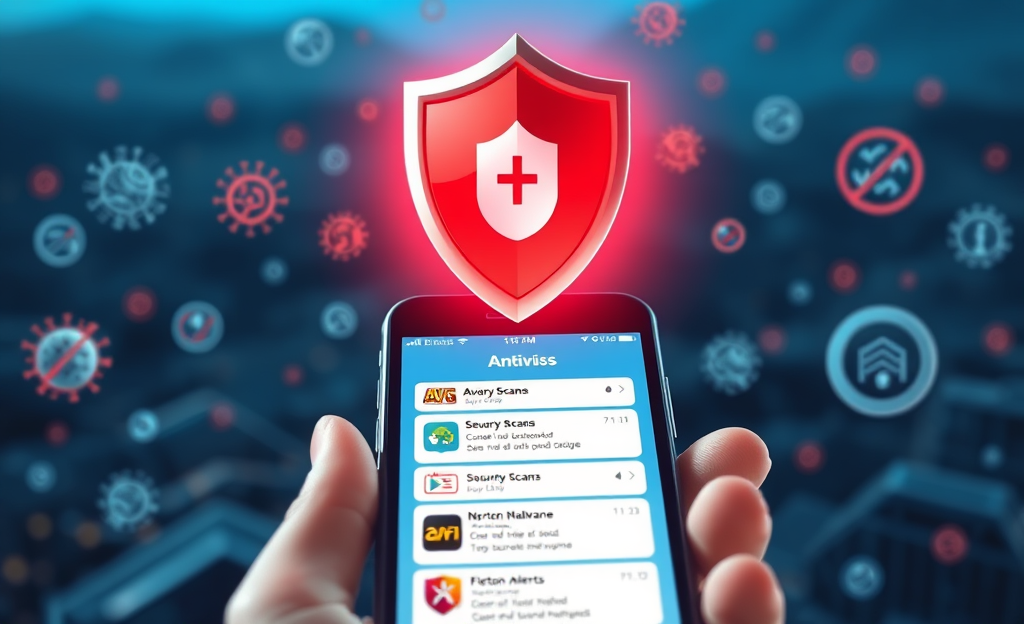 Imagem de aplicativos de antivírus para celular, destacando segurança e proteção contra ameaças.
